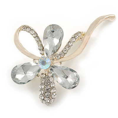 Abstract Clear Diamante Floral Brooch In Gold Finish - 6cm Length
