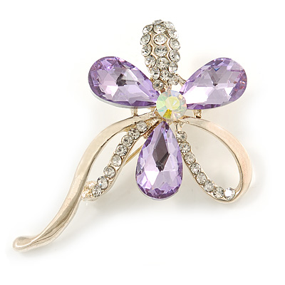 Abstract Light Purple/Clear Diamante Floral Brooch In Gold Finish - 6cm Length - main view