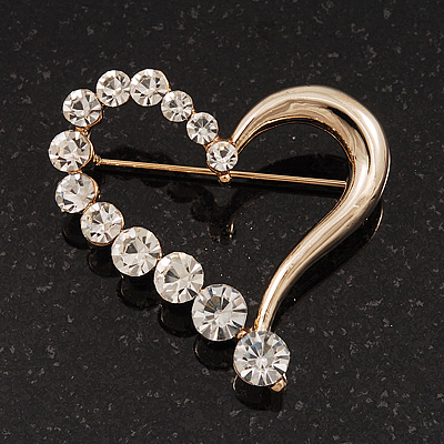 Gold Plated Open Crystal 'Heart' Brooch - 4cm Length - main view