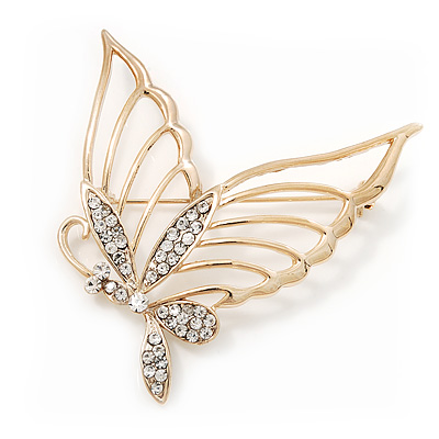 Gold Plated Diamante Open 'Butterfly' Brooch - 6.5cm Length - main view