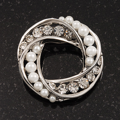 White Faux Pearl & Clear Diamante Round Scarf Pin In Silver Finish - 3.5cm Diameter - main view