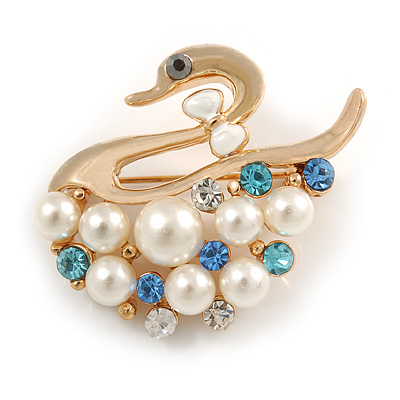 White Faux Pearl Diamante 'Swan' Brooch In Gold Plated Metal - 4cm Length - main view