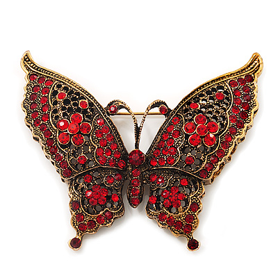 Large Red Crystal 'Butterfly' Brooch In Burn Gold Finish - 7.5cm Length