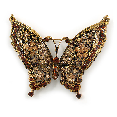 Large Citrine/ Amber Coloured Crystal 'Butterfly' Brooch In Burn Gold Finish - 7.5cm Length - main view