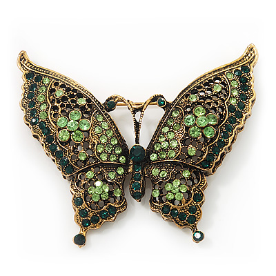 Large Emerald/Grass Green Crystal 'Butterfly' Brooch In Burn Gold Finish - 7.5cm Length - main view