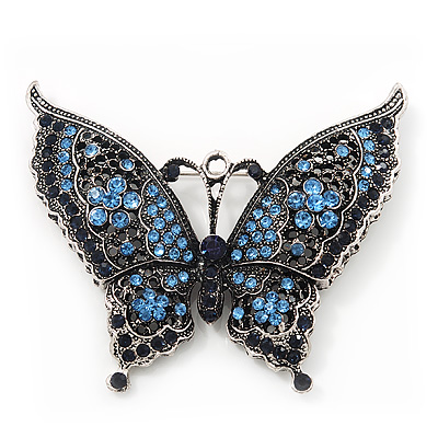 Large Blue Crystal 'Butterfly' Brooch In Burn Silver Finish - 7.5cm Length - main view