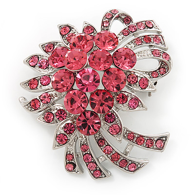Pink Crystal 'Bow' Brooch In Silver Plating - 5.5cm Length