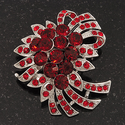 Red Crystal 'Bow' Brooch In Silver Plating - 5.5cm Length