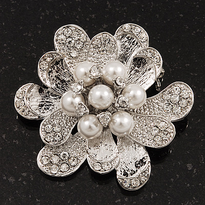 Bridal Clear Diamante White Peal 'Flower' Brooch In Silver Plating - 4.5cm Diameter - main view