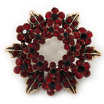 Burgundy Red Crystal Wreath Brooch In Antique Gold Metal - 4cm Diameter - main view