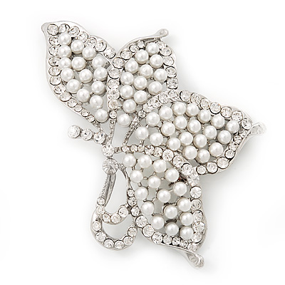 Large White Faux Pearl Diamante 'Butterfly' Brooch In Silver Plating - 8.5cm Length - main view