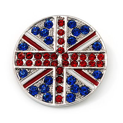 Union Jack Round Silver Plated Crystal Brooch - 4cm Diameter - main view