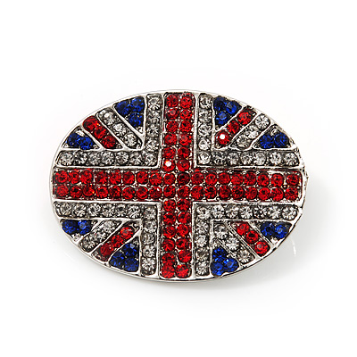 Union Jack Oval Silver Plated Crystal Brooch - 3.2cm Diameter