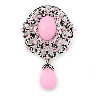 Light Pink Diamante Precious Heirloom Charm Brooch (Burn Silver Tone) - main view
