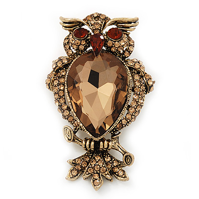 Citrine CZ Owl Brooch In Gold Plated Metal - 6cm Length