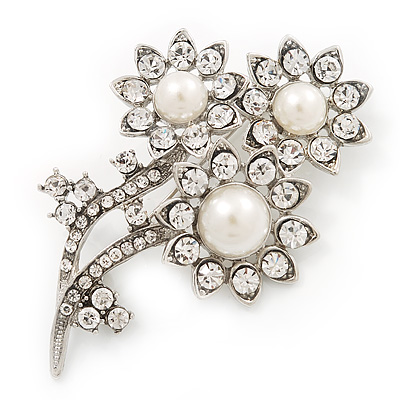 Clear Crystal Imitation Pearl 'Sunflower' Brooch In Silver Plating - 7cm Length - main view