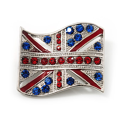 Union Jack Flag Silver Plated Crystal Brooch - 4cm Length - main view
