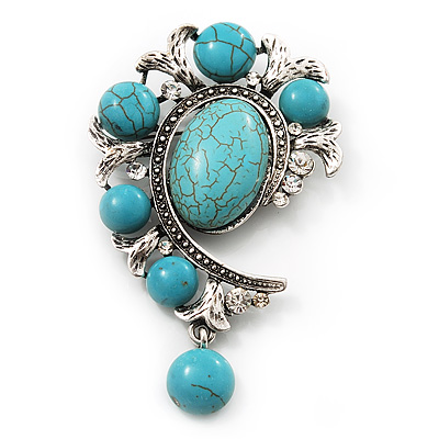 Burn Silver Turquoise Stone Charm Brooch/Pendant - 8cm Length - main view