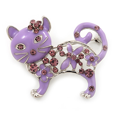 Lilac Crystal Enamel Cat Brooch In Silver Plating - 4.5cm Length - main view