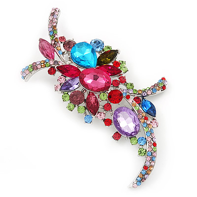 Large 'Hollywood Style' Multicoloured Swarovski Crystal Corsage Brooch In Silver Plating - 12cm Length - main view
