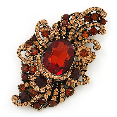 Large Victorian Style Citrine/ Amber Coloured Crystal Brooch In Antique Gold Plating - 10cm Length - main view