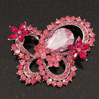 Large Pink Crystal 'Butterfly' Brooch In Rhodium Plating - 8cm Length - main view