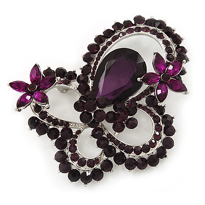 Large Deep Purple Crystal 'Butterfly' Brooch In Rhodium Plating - 8cm Length - main view