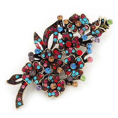 Large Multicoloured 'Bunch Of Flowers' Brooch In Antique Gold Plating - 10cm Length