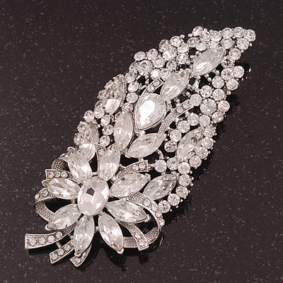 Oversized Clear Glass Floral Corsage Brooch In Silver Plating - 11.5cm Length - main view