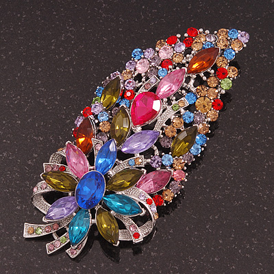 Oversized Multicoloured Glass Floral Corsage Brooch In Silver Plating - 11.5cm Length - main view