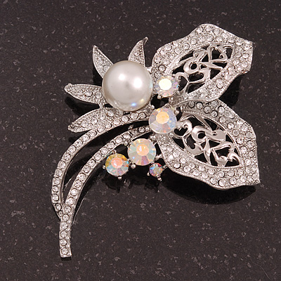 Bridal AB & Clear Crystal Floral Brooch In Silver Plating - 8cm Length - main view