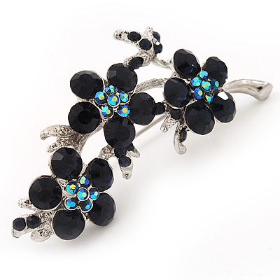 Crystal Floral Brooch (Silver&Dark Blue) - 5.5cm Length