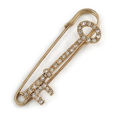 Gold Tone Diamante Key Fashion Pin Brooch - 7cm Length - main view