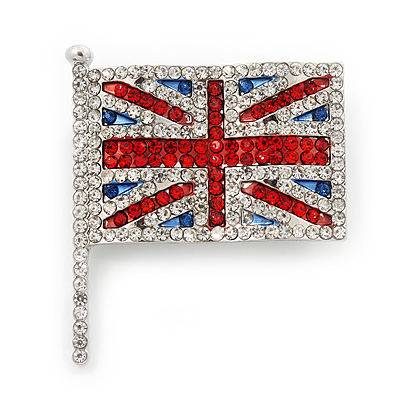 Swarovski Crystal Union Jack Flag Brooch In Silver Plating - 3.5cm Length - main view