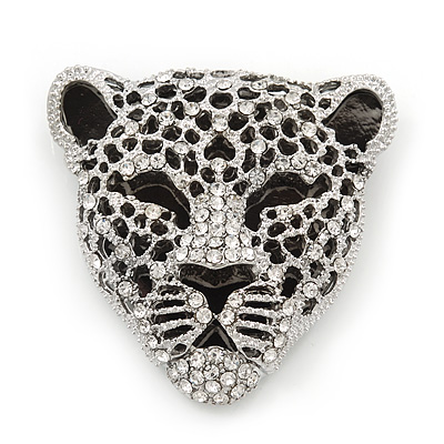 Large Crystal 'Tiger' Brooch In Silver/Black Finish - 5cm Length - main view
