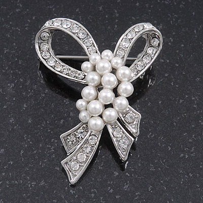 Small Contemporary Imitation Pearl Crystal Bow Brooch In Silver Plating - 4.5cm Length - main view