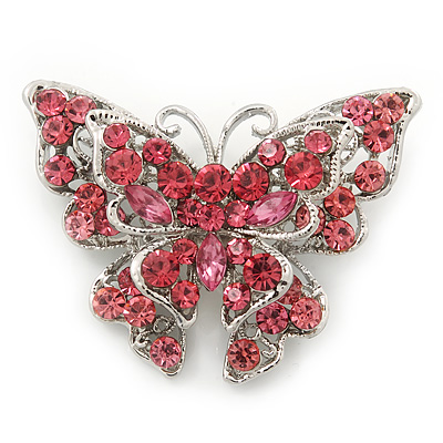 Pink Crystal Filigree Butterfly Brooch (Silver Tone) - main view
