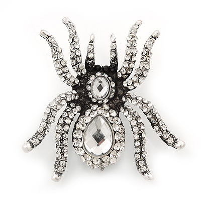 Large Clear Crystal Spider Brooch In Antique Silver Finish - 6cm Length - main view