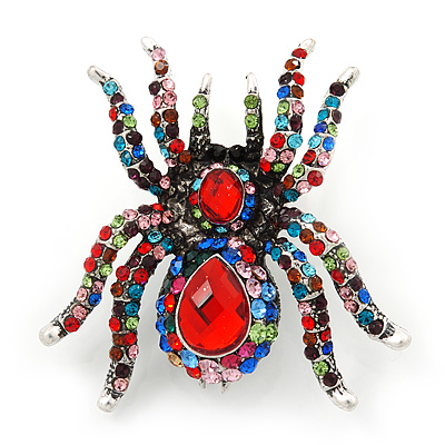 Large Multicoloured Crystal Spider Brooch In Antique Gold Finish - 6cm Length