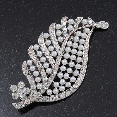 Large Simulated Pearl/Diamante 'Leaf' Brooch In Silver Tone Metal - 8.5cm Length - main view