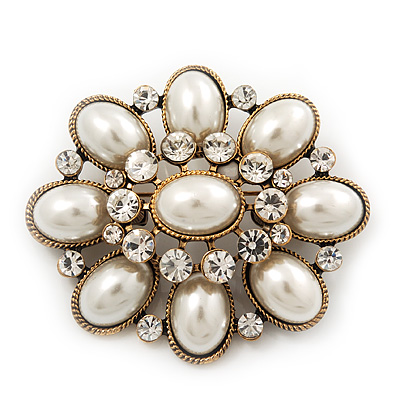 Vintage Faux Pearl Diamante Brooch In Antique Gold Metal - 5.5cm Length - main view