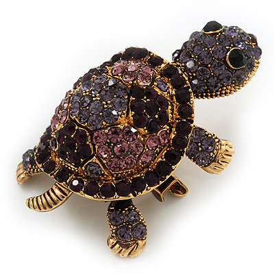 Amethyst/ Deep Purple Swarovski Crystal 'Turtle' Brooch In Gold Metal - 5.5cm Length
