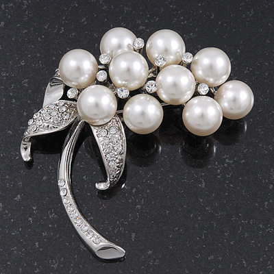 Large 'Grapes' Simulated Pearl/Diamante Brooch In Silver Metal - 6cm Length - main view