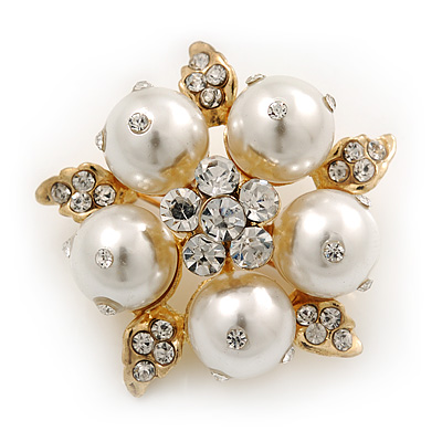 Stunning Bridal Simulated Pearl Crystal Brooch (Snow White & Gold Plated) - 4cm Diameter - main view