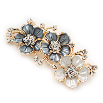 Pale Blue/White Enamel Diamante Floral Brooch In Gold Plating - 6cm Length - main view