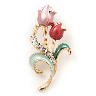 Pink Enamel Diamante 'Tulip' Brooch In Gold Finish - 5cm Length