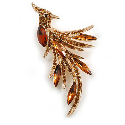 Sparkling Light Amber Coloured Crystal Fire-Bird Brooch (Gold Tone) - main view