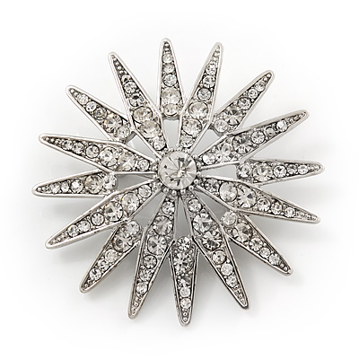 Clear Crystal 'Star' Brooch In Silver Plating - 4.5cm Diameter