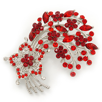 Red/Burgundy Crystal 'Floral' Brooch In Silver Plating - 7cm Length