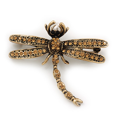 Vintage Citrine Crystal 'Dragonfly With Simulated Pearl' Brooch In Antique Gold Metal - 6cm Length - main view